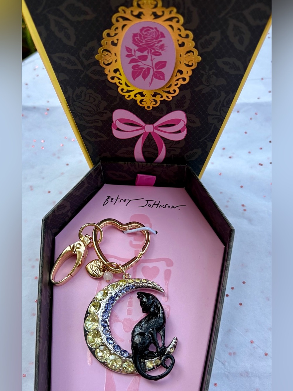 NIB BETSEY JOHNSON Black Cat on Gold Moon Keychain and/or Bag Charm w/Crystals - Picture 7 of 7